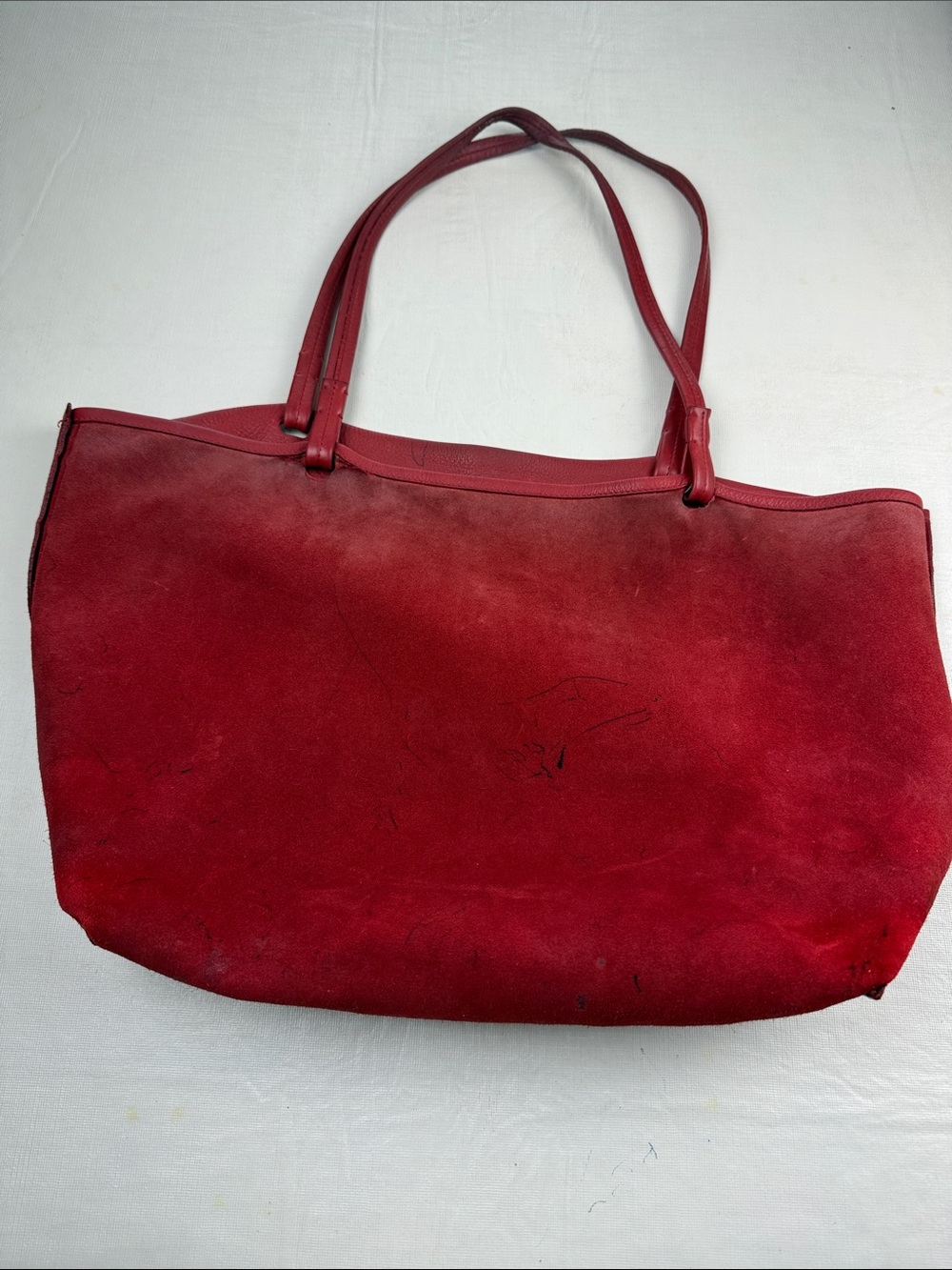The Row Red Leather Simple Unlined Open Top Tote Bag Thin Flat Handles - Picture 10 of 16